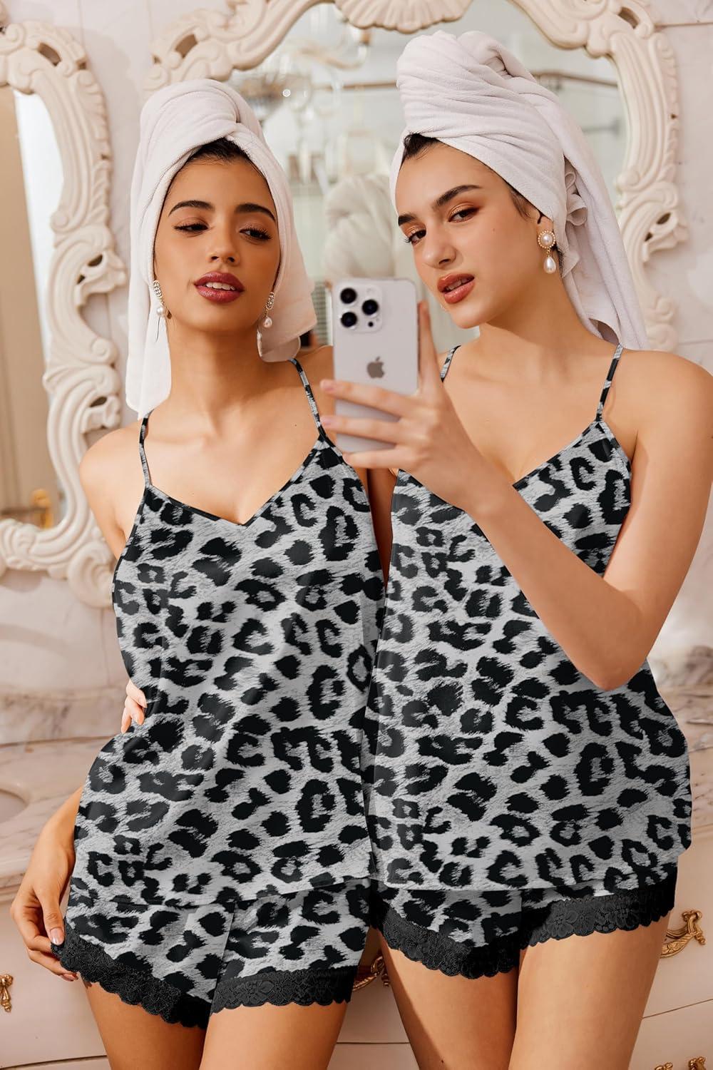 imageEkouaer Satin Pajamas Women Lace Sleepwear Lingerie Cami Shorts Set Nightwear XSXXLCheetah Black