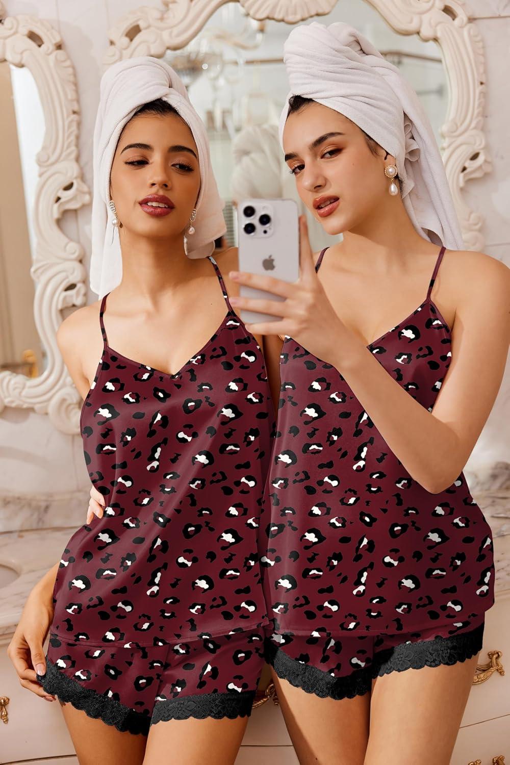 imageEkouaer Satin Pajamas Women Lace Sleepwear Lingerie Cami Shorts Set Nightwear XSXXLCheetah Wine Red
