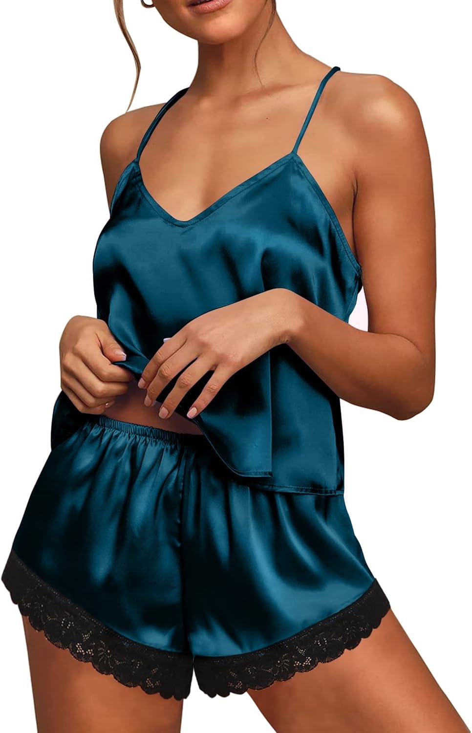 imageEkouaer Satin Pajamas Women Lace Sleepwear Lingerie Cami Shorts Set Nightwear XSXXLDark Green