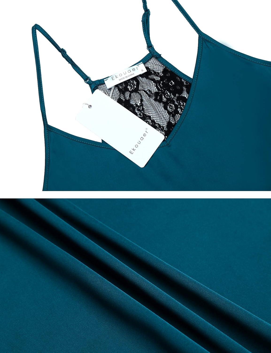 imageEkouaer Satin Pajamas Women Lace Sleepwear Lingerie Cami Shorts Set Nightwear XSXXLDark Green