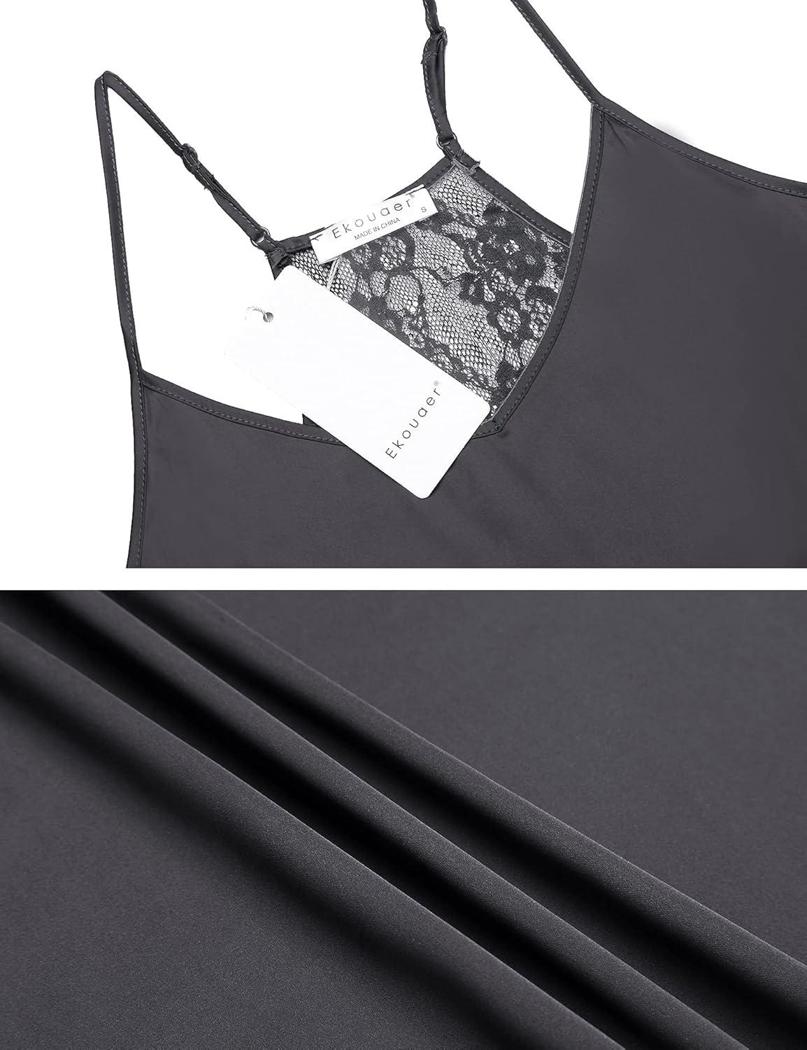 imageEkouaer Satin Pajamas Women Lace Sleepwear Lingerie Cami Shorts Set Nightwear XSXXLDark Grey