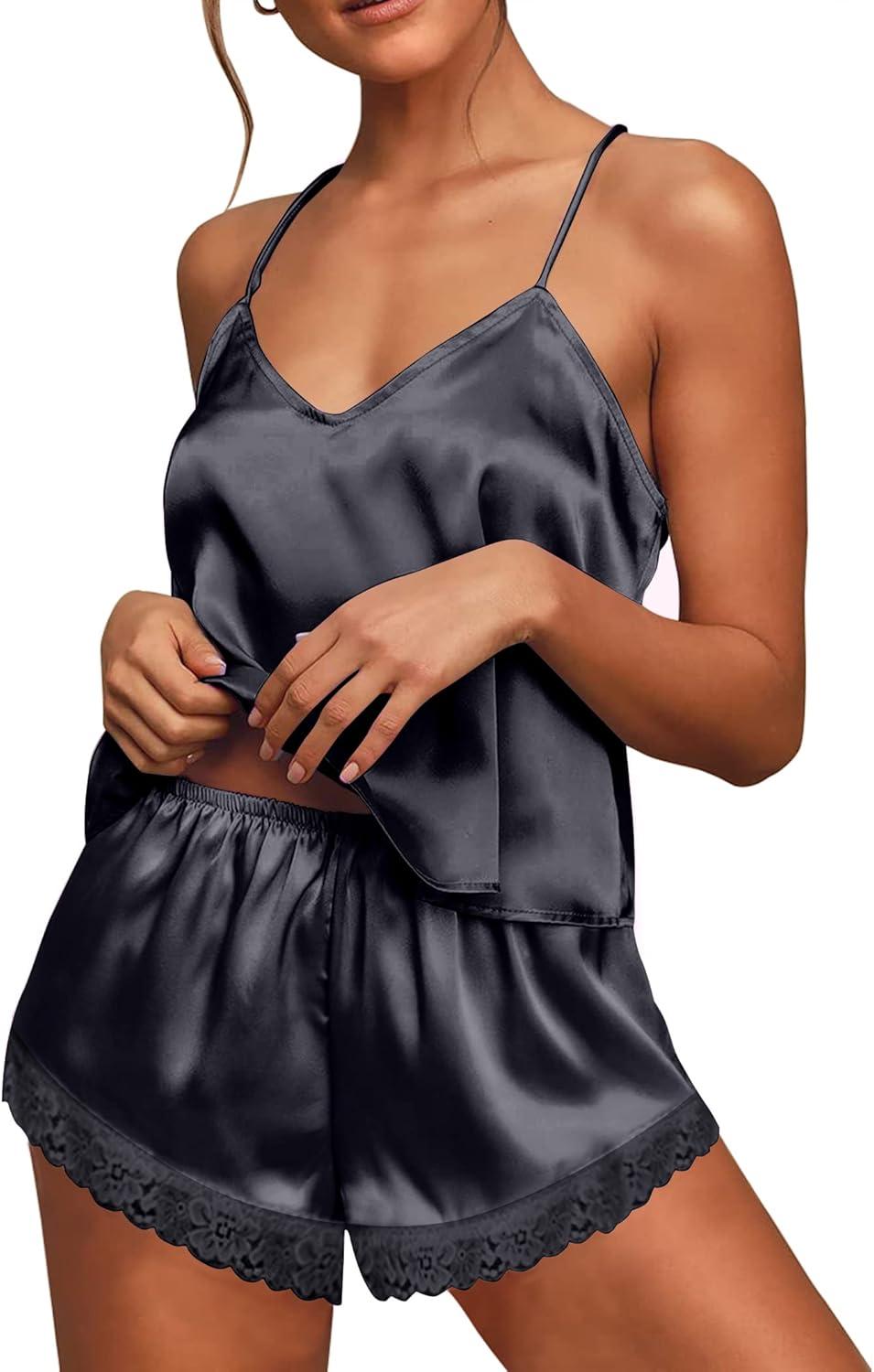 imageEkouaer Satin Pajamas Women Lace Sleepwear Lingerie Cami Shorts Set Nightwear XSXXLDark Grey