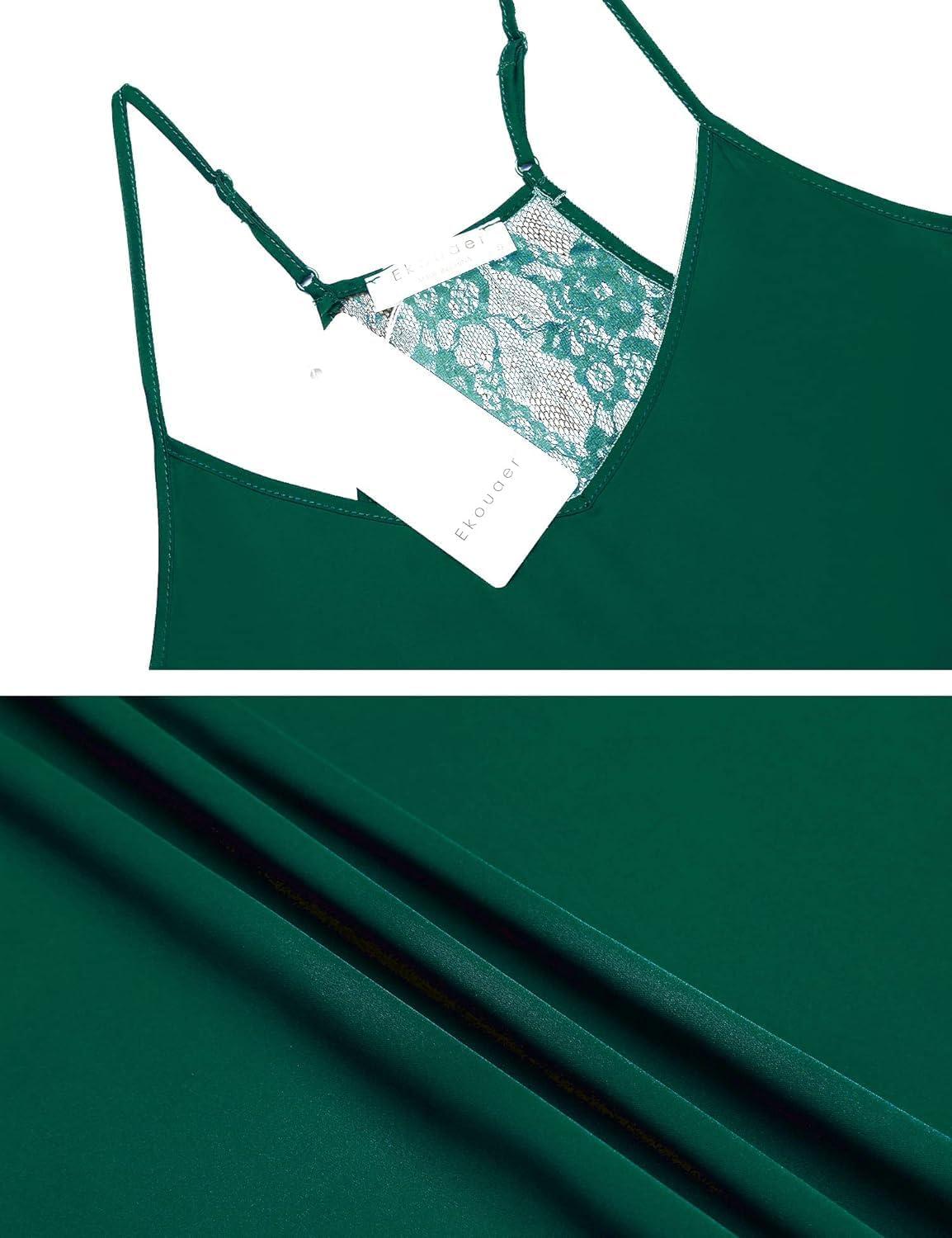 imageEkouaer Satin Pajamas Women Lace Sleepwear Lingerie Cami Shorts Set Nightwear XSXXLGreen