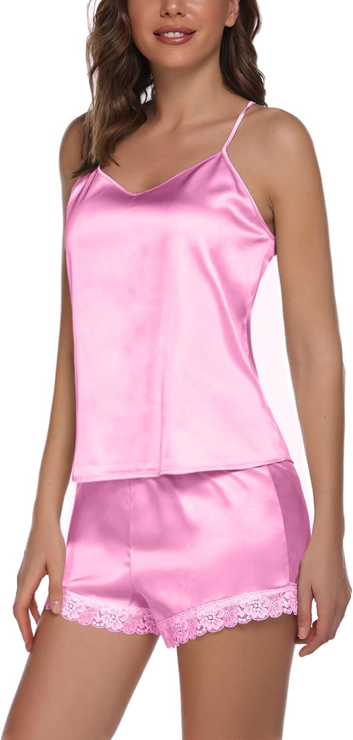 imageEkouaer Satin Pajamas Women Lace Sleepwear Lingerie Cami Shorts Set Nightwear XSXXLHot Pink