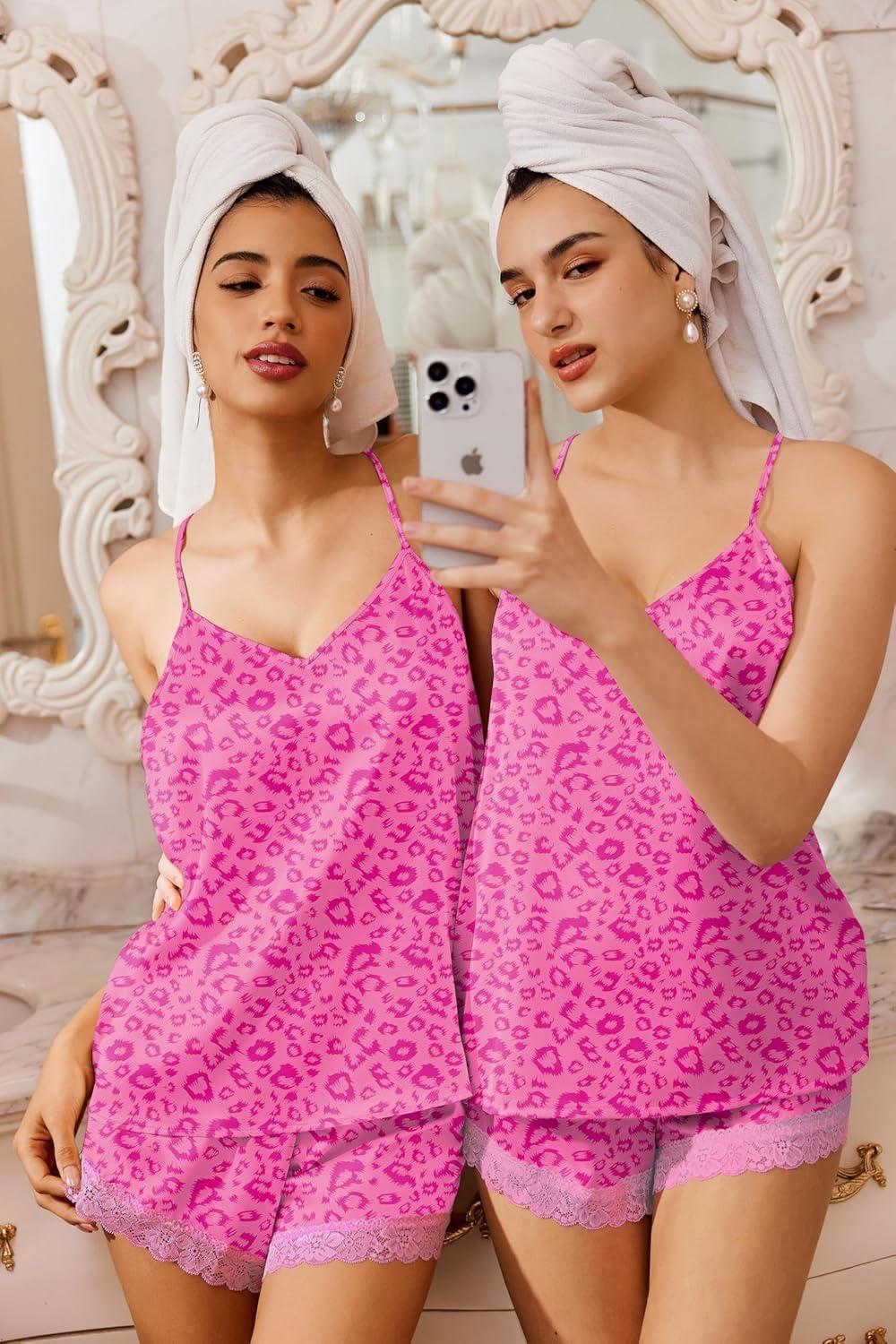 imageEkouaer Satin Pajamas Women Lace Sleepwear Lingerie Cami Shorts Set Nightwear XSXXLHot Pink Leopard