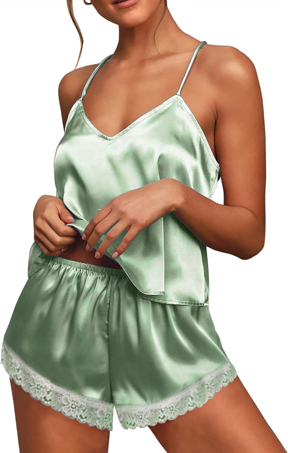 imageEkouaer Satin Pajamas Women Lace Sleepwear Lingerie Cami Shorts Set Nightwear XSXXLIce Cream Green