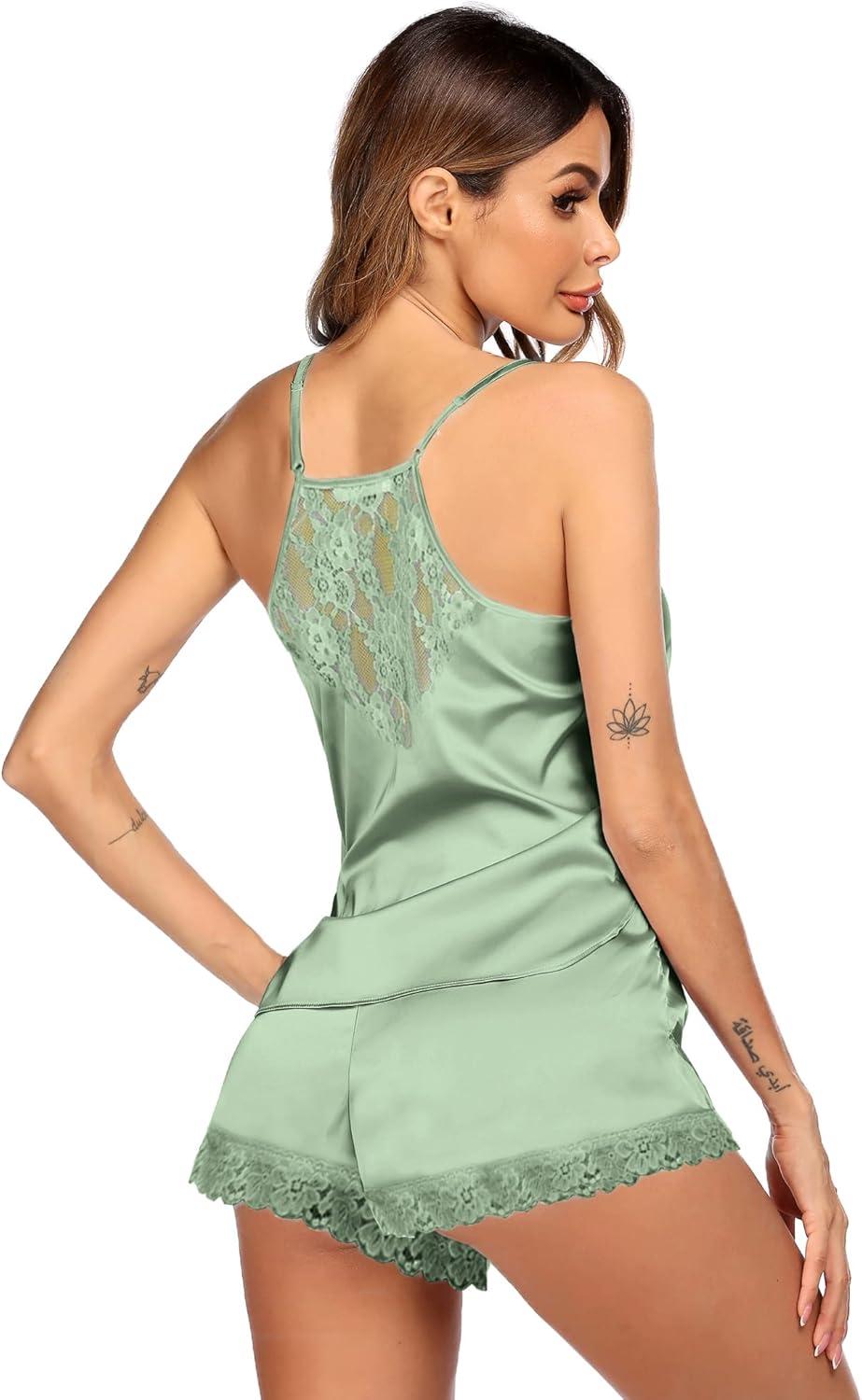 imageEkouaer Satin Pajamas Women Lace Sleepwear Lingerie Cami Shorts Set Nightwear XSXXLIce Cream Green