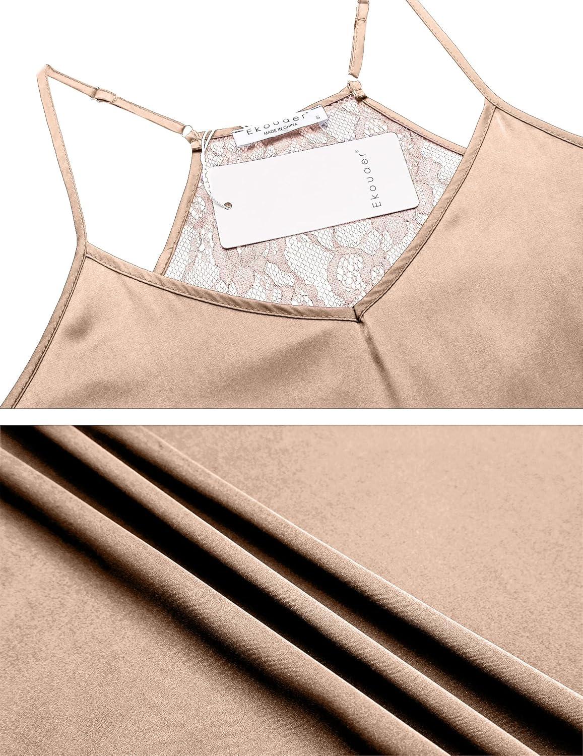 imageEkouaer Satin Pajamas Women Lace Sleepwear Lingerie Cami Shorts Set Nightwear XSXXLKhaki