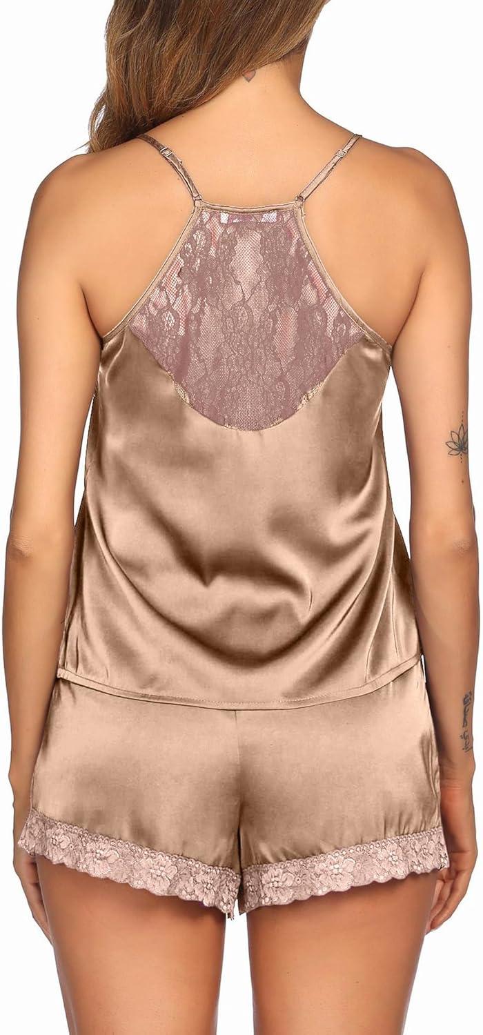 imageEkouaer Satin Pajamas Women Lace Sleepwear Lingerie Cami Shorts Set Nightwear XSXXLKhaki
