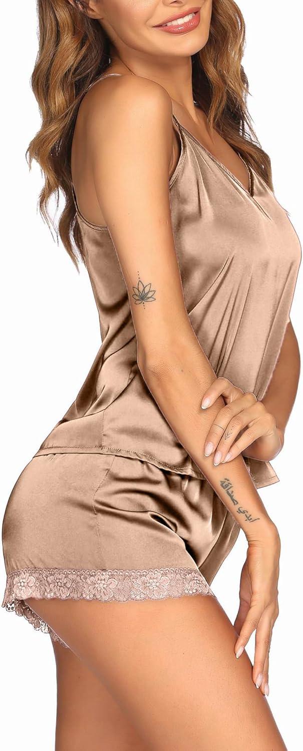 imageEkouaer Satin Pajamas Women Lace Sleepwear Lingerie Cami Shorts Set Nightwear XSXXLKhaki