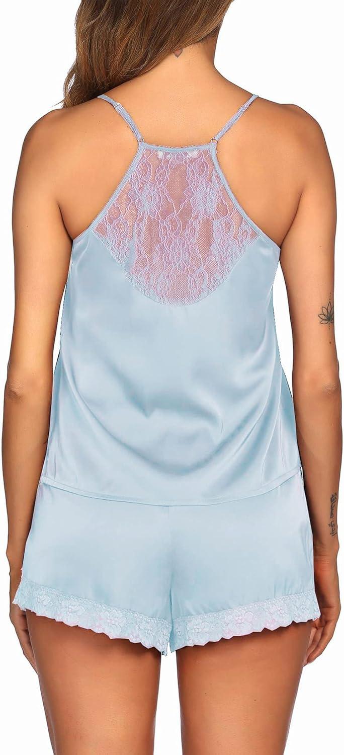 imageEkouaer Satin Pajamas Women Lace Sleepwear Lingerie Cami Shorts Set Nightwear XSXXLLight Blue