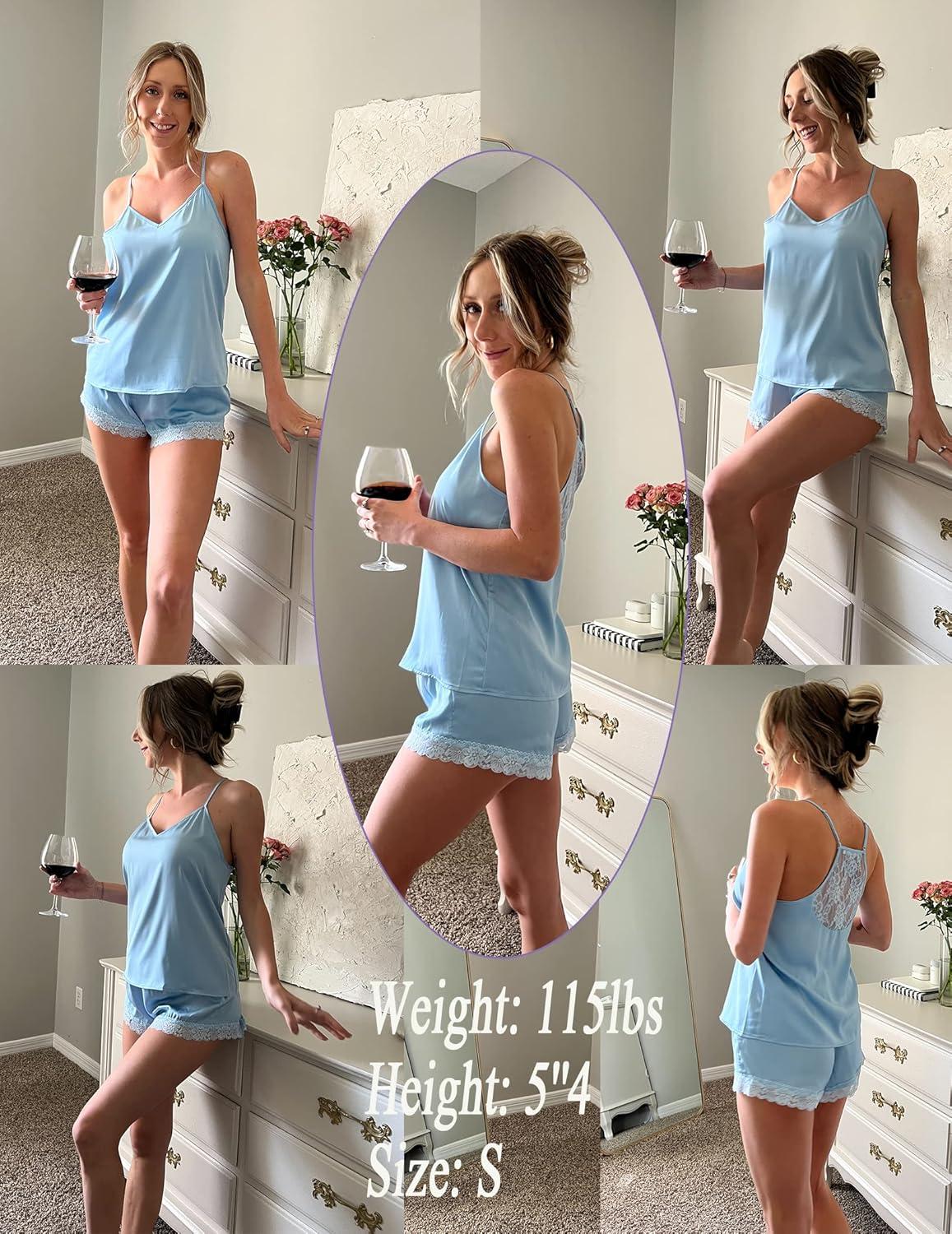 imageEkouaer Satin Pajamas Women Lace Sleepwear Lingerie Cami Shorts Set Nightwear XSXXLLight Blue
