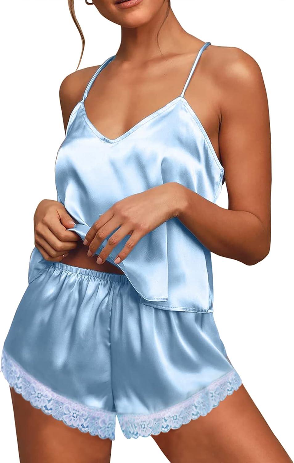 imageEkouaer Satin Pajamas Women Lace Sleepwear Lingerie Cami Shorts Set Nightwear XSXXLLight Blue
