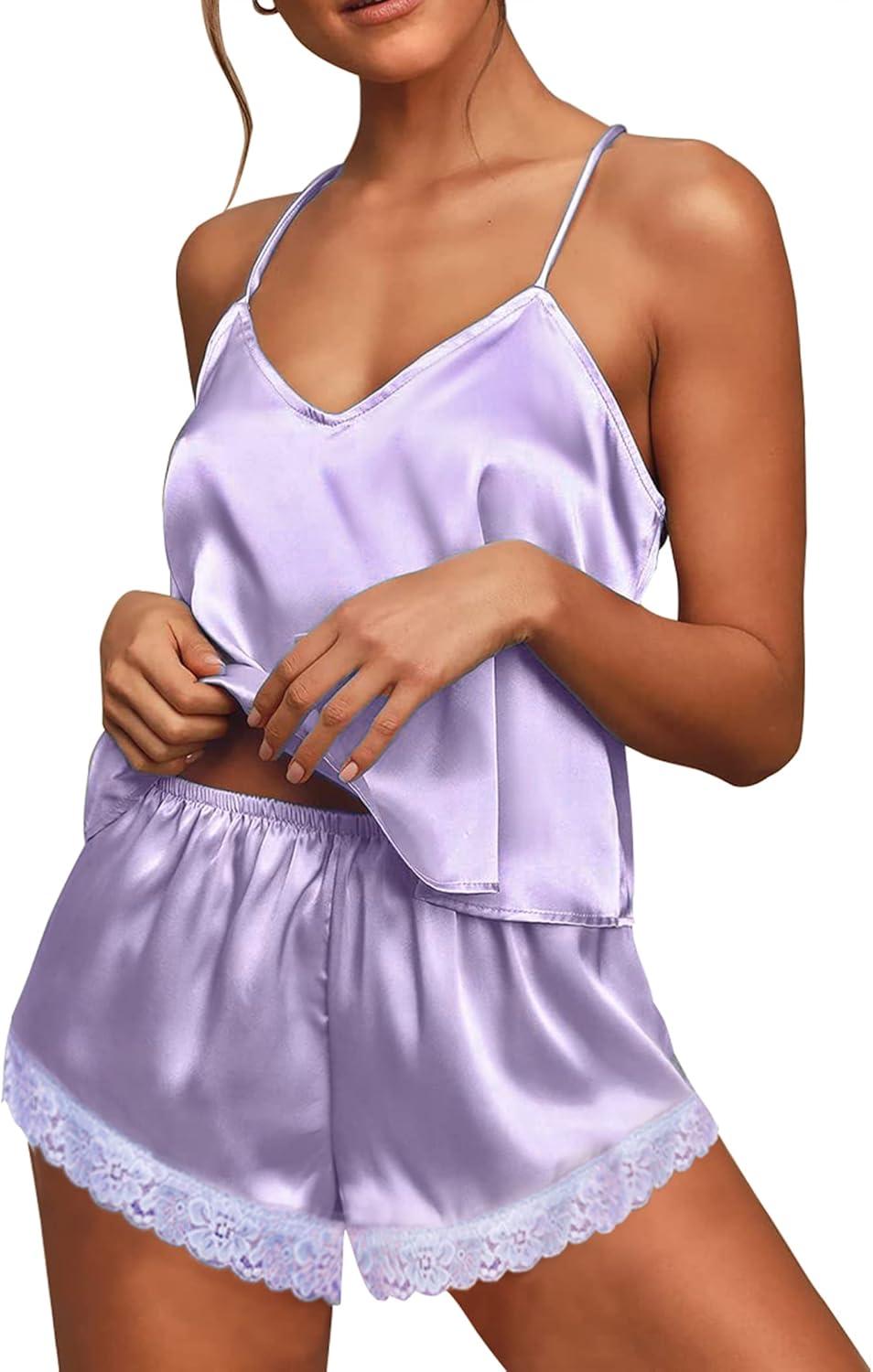 imageEkouaer Satin Pajamas Women Lace Sleepwear Lingerie Cami Shorts Set Nightwear XSXXLLight Purple