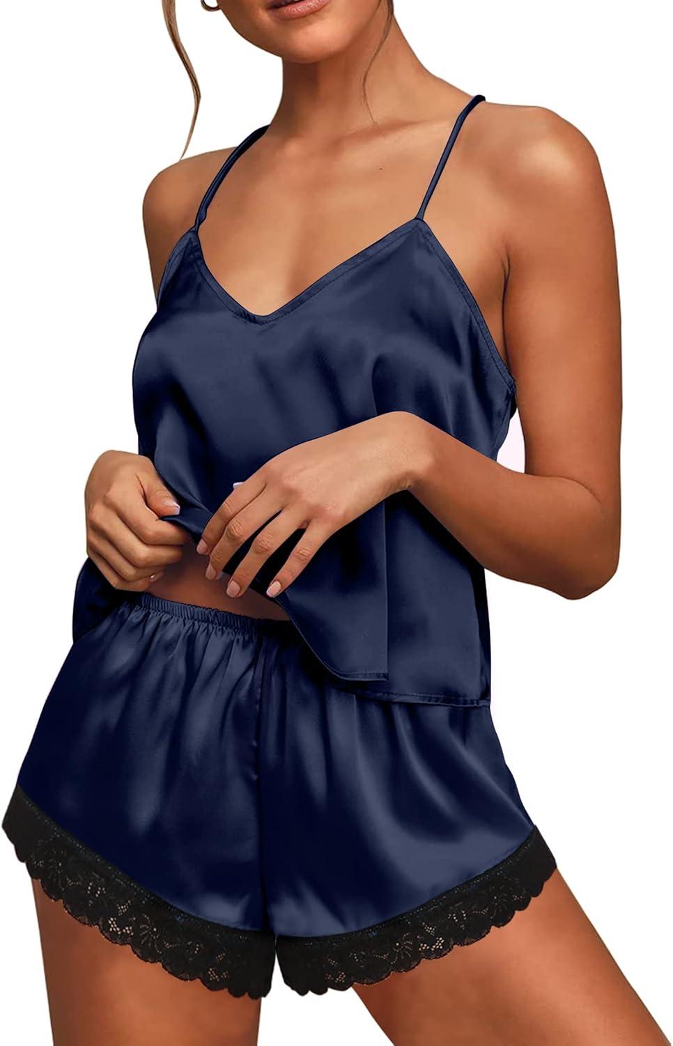 imageEkouaer Satin Pajamas Women Lace Sleepwear Lingerie Cami Shorts Set Nightwear XSXXLNavy Blue