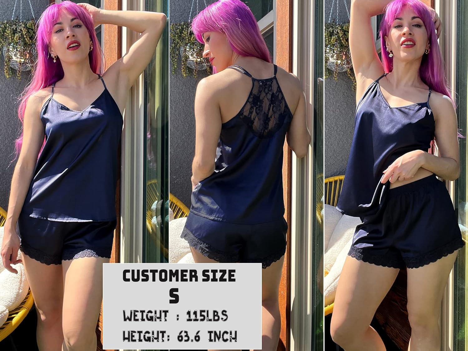 imageEkouaer Satin Pajamas Women Lace Sleepwear Lingerie Cami Shorts Set Nightwear XSXXLNavy Blue