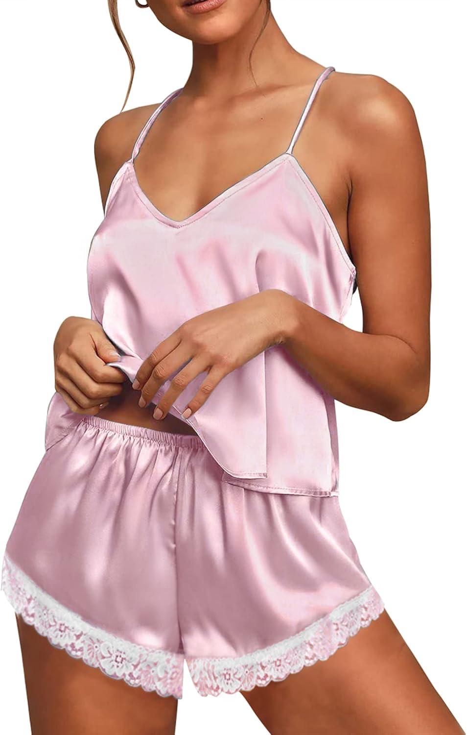 imageEkouaer Satin Pajamas Women Lace Sleepwear Lingerie Cami Shorts Set Nightwear XSXXLPink