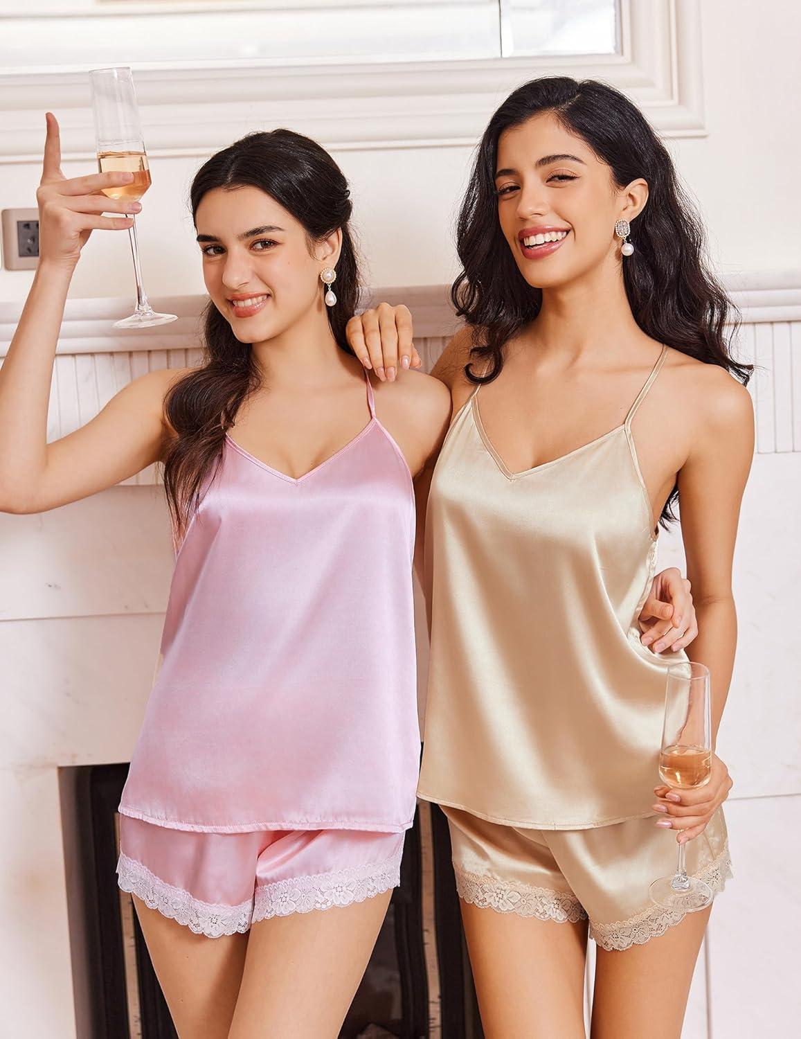 imageEkouaer Satin Pajamas Women Lace Sleepwear Lingerie Cami Shorts Set Nightwear XSXXLPink