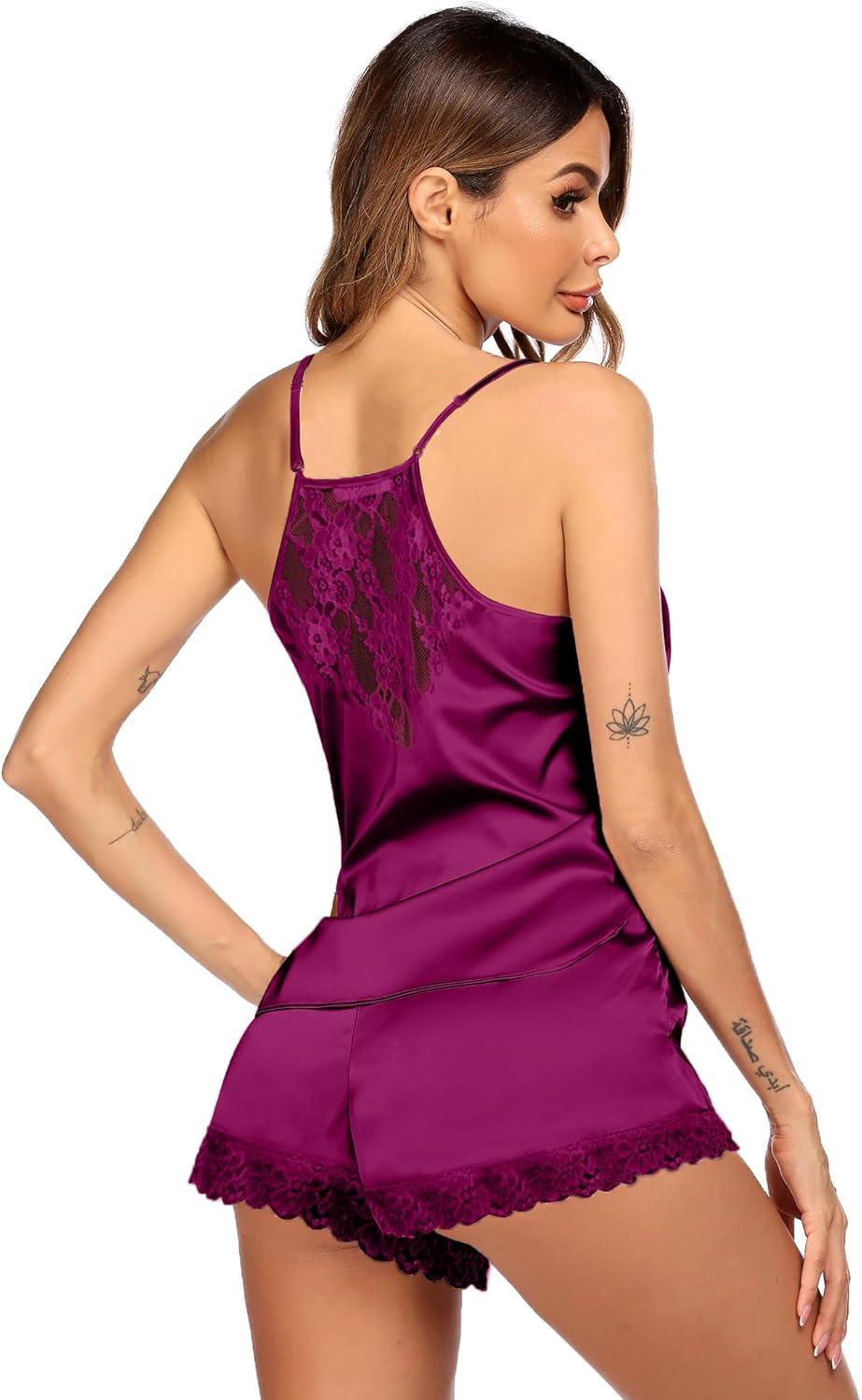 imageEkouaer Satin Pajamas Women Lace Sleepwear Lingerie Cami Shorts Set Nightwear XSXXLPurple