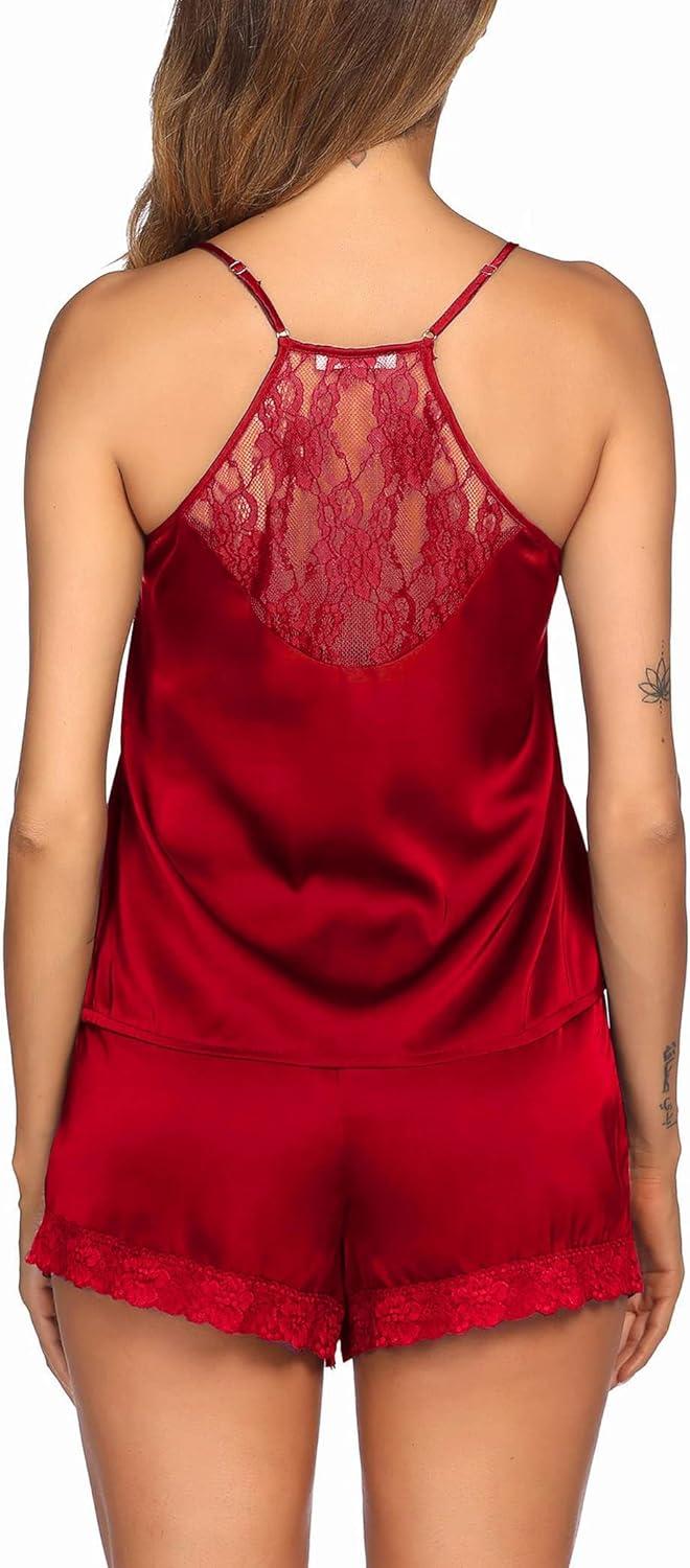 imageEkouaer Satin Pajamas Women Lace Sleepwear Lingerie Cami Shorts Set Nightwear XSXXLRed