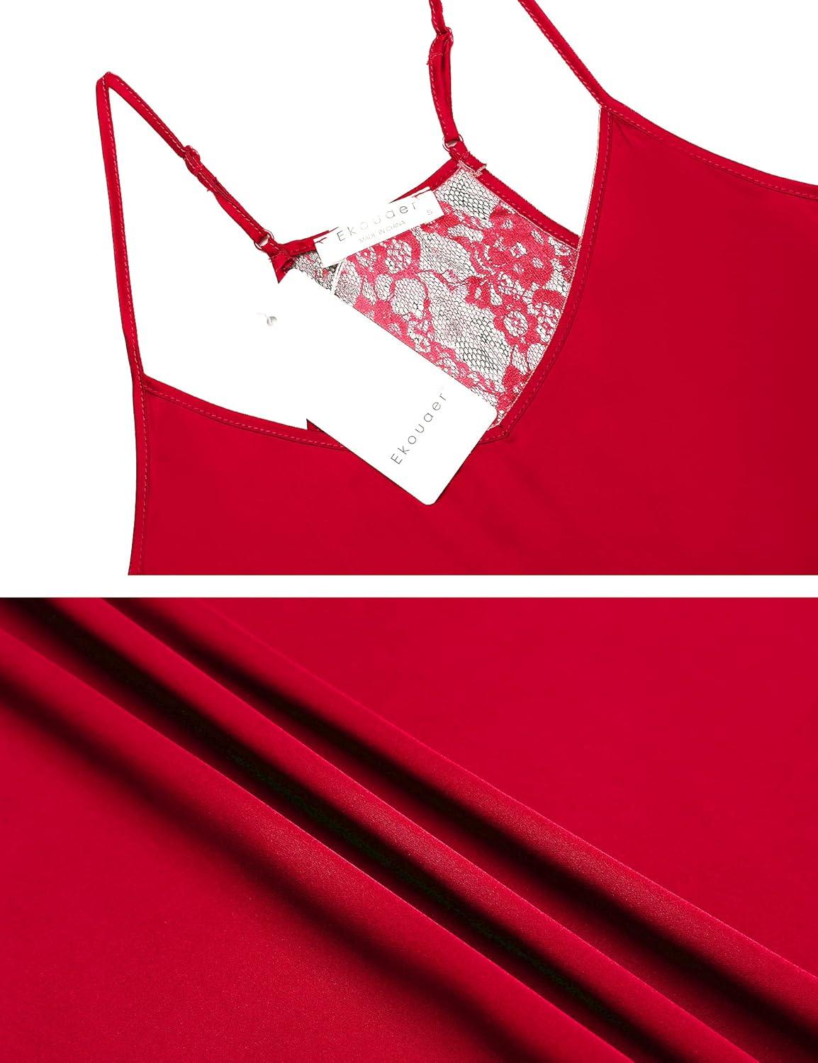 imageEkouaer Satin Pajamas Women Lace Sleepwear Lingerie Cami Shorts Set Nightwear XSXXLRed