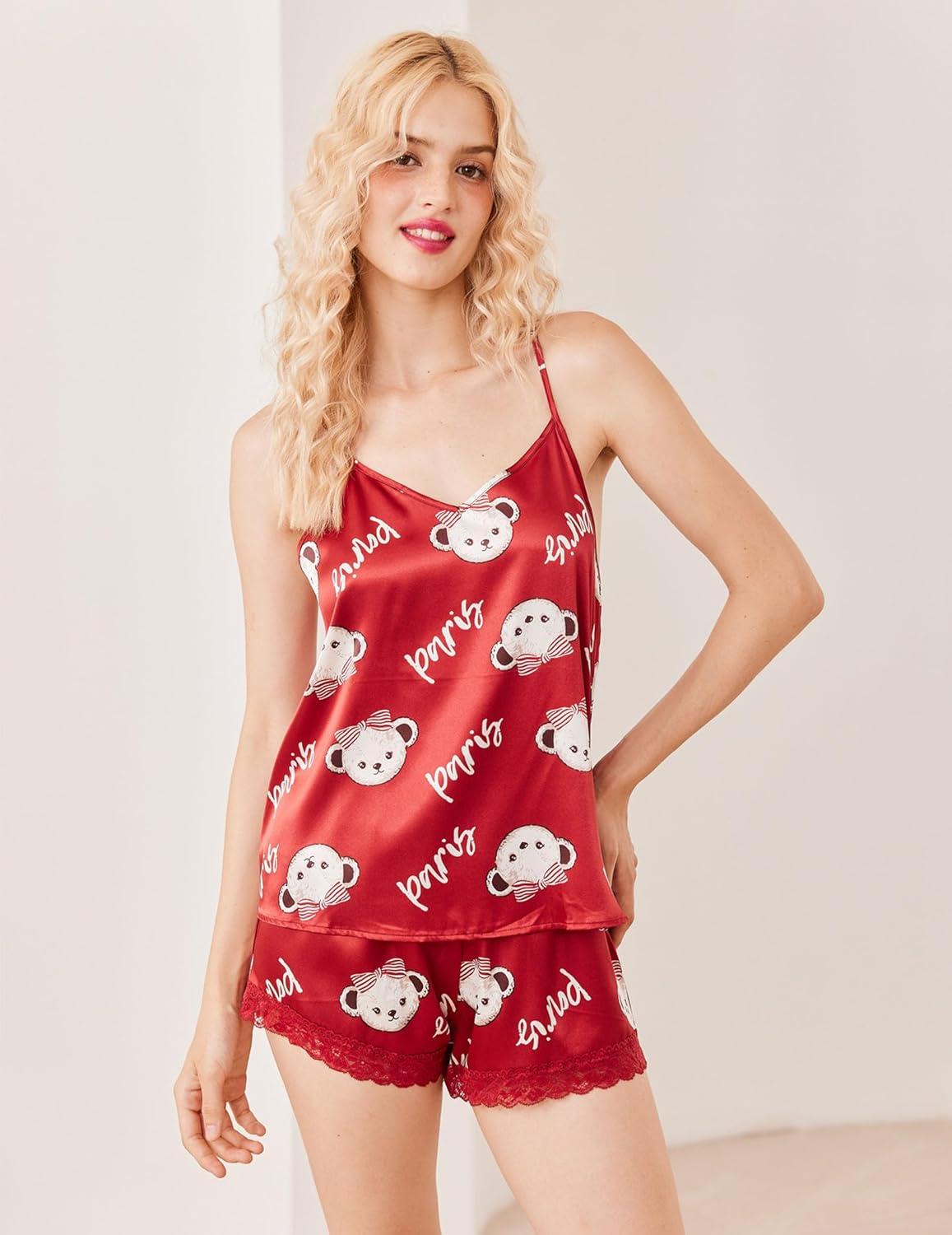imageEkouaer Satin Pajamas Women Lace Sleepwear Lingerie Cami Shorts Set Nightwear XSXXLRed Paris
