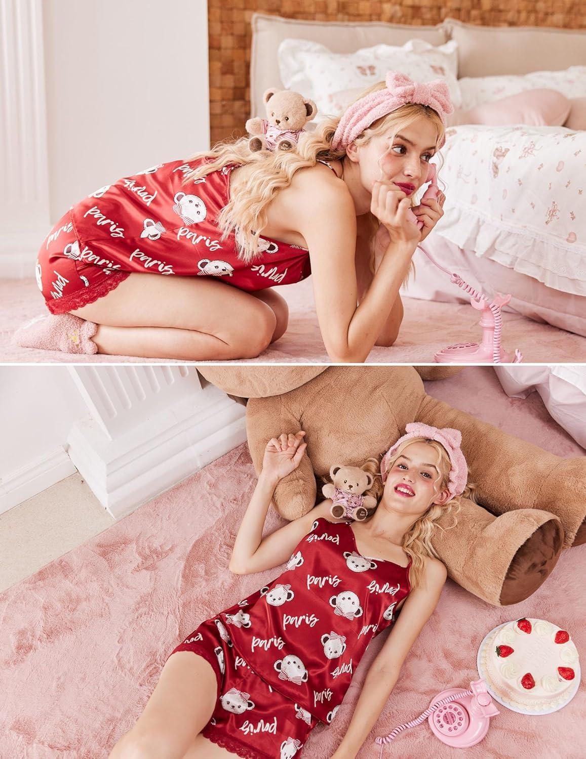 imageEkouaer Satin Pajamas Women Lace Sleepwear Lingerie Cami Shorts Set Nightwear XSXXLRed Paris