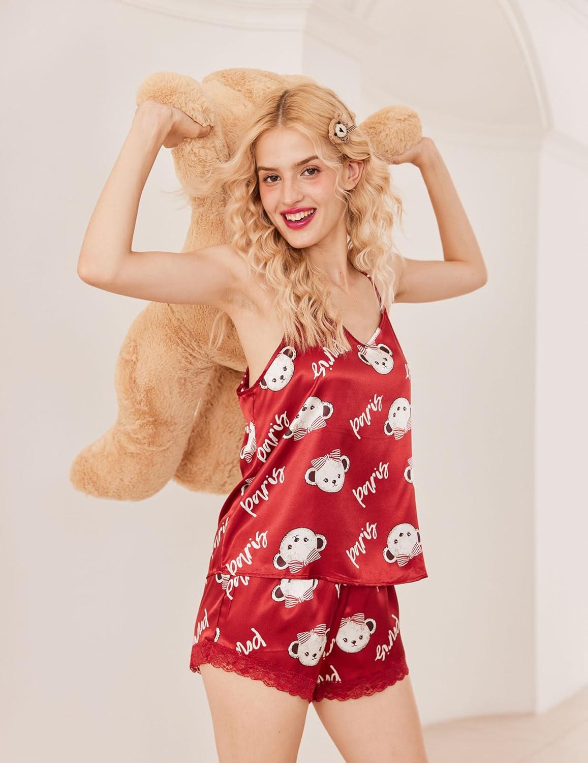 imageEkouaer Satin Pajamas Women Lace Sleepwear Lingerie Cami Shorts Set Nightwear XSXXLRed Paris
