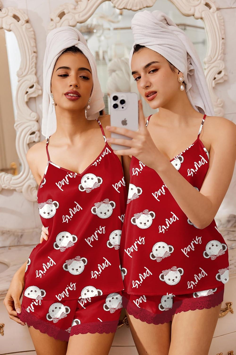 imageEkouaer Satin Pajamas Women Lace Sleepwear Lingerie Cami Shorts Set Nightwear XSXXLRed Paris