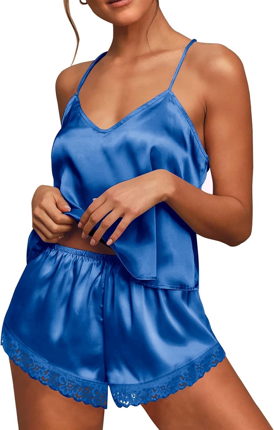 imageEkouaer Satin Pajamas Women Lace Sleepwear Lingerie Cami Shorts Set Nightwear XSXXLSapphire Blue