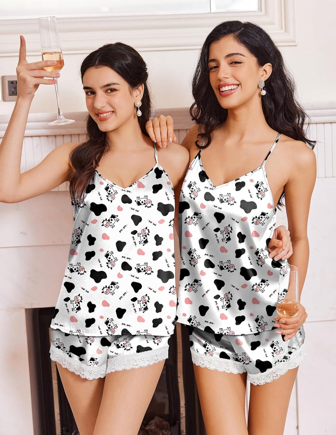 imageEkouaer Satin Pajamas Women Lace Sleepwear Lingerie Cami Shorts Set Nightwear XSXXLWhite Cow