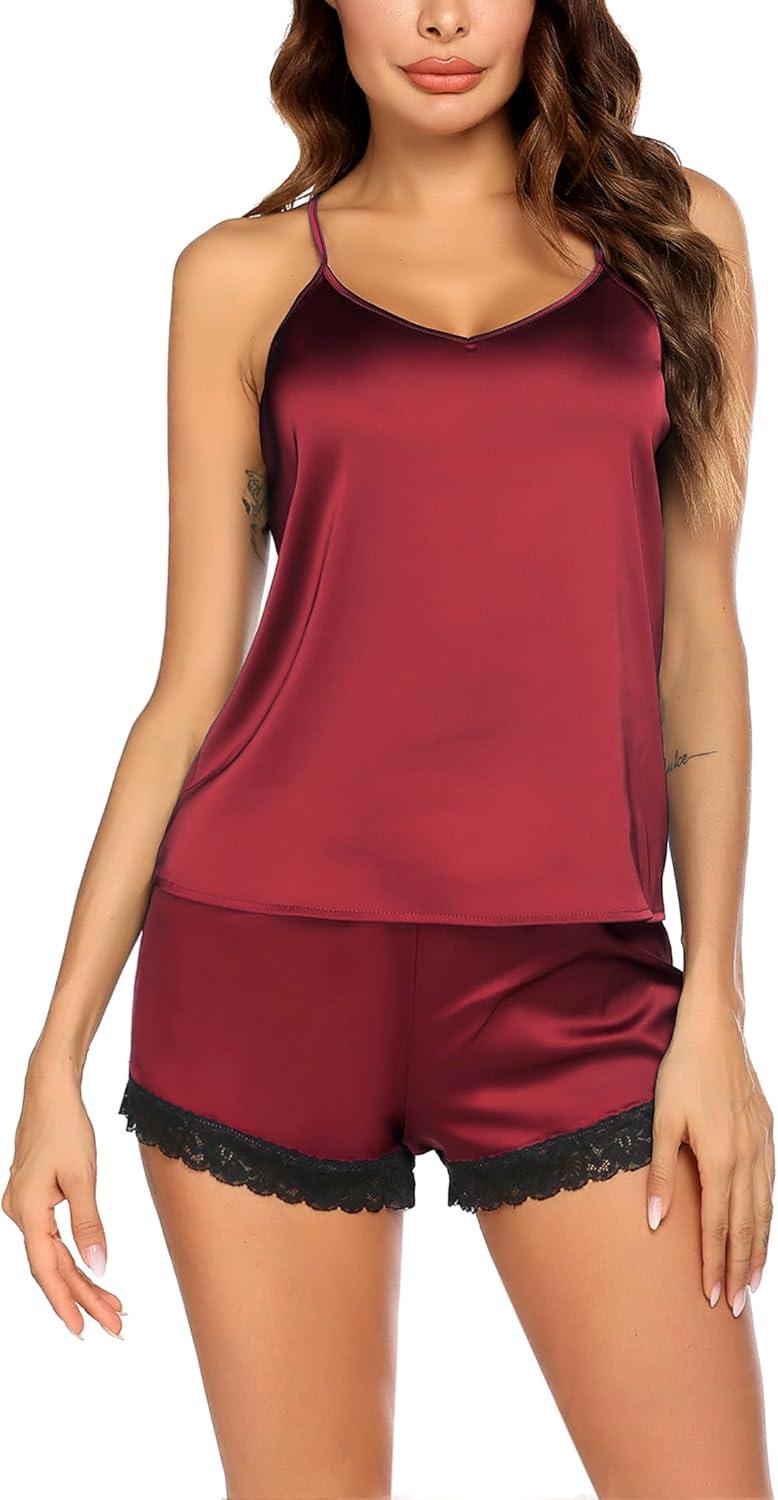 imageEkouaer Satin Pajamas Women Lace Sleepwear Lingerie Cami Shorts Set Nightwear XSXXLWine Red