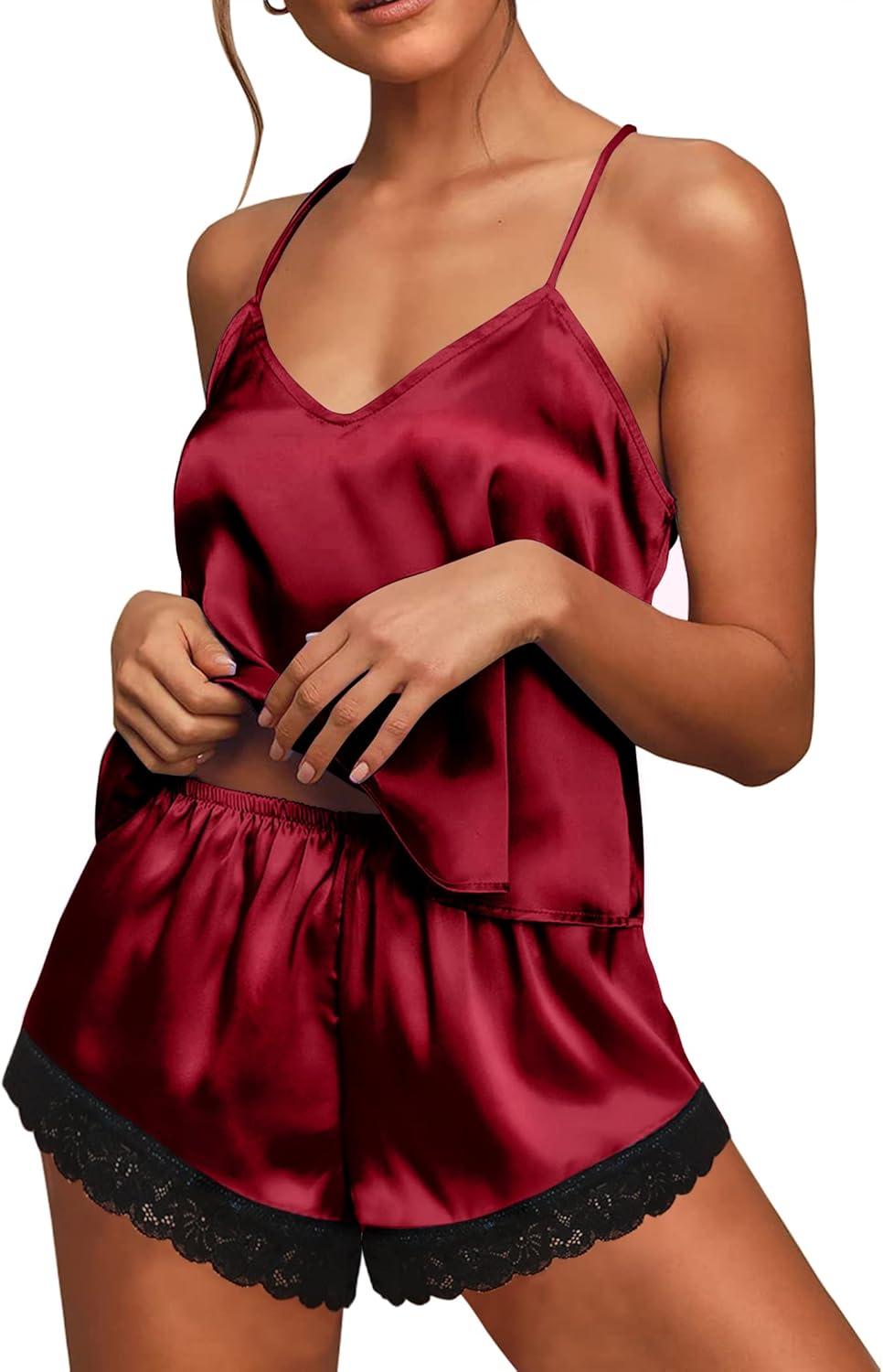 imageEkouaer Satin Pajamas Women Lace Sleepwear Lingerie Cami Shorts Set Nightwear XSXXLWine Red