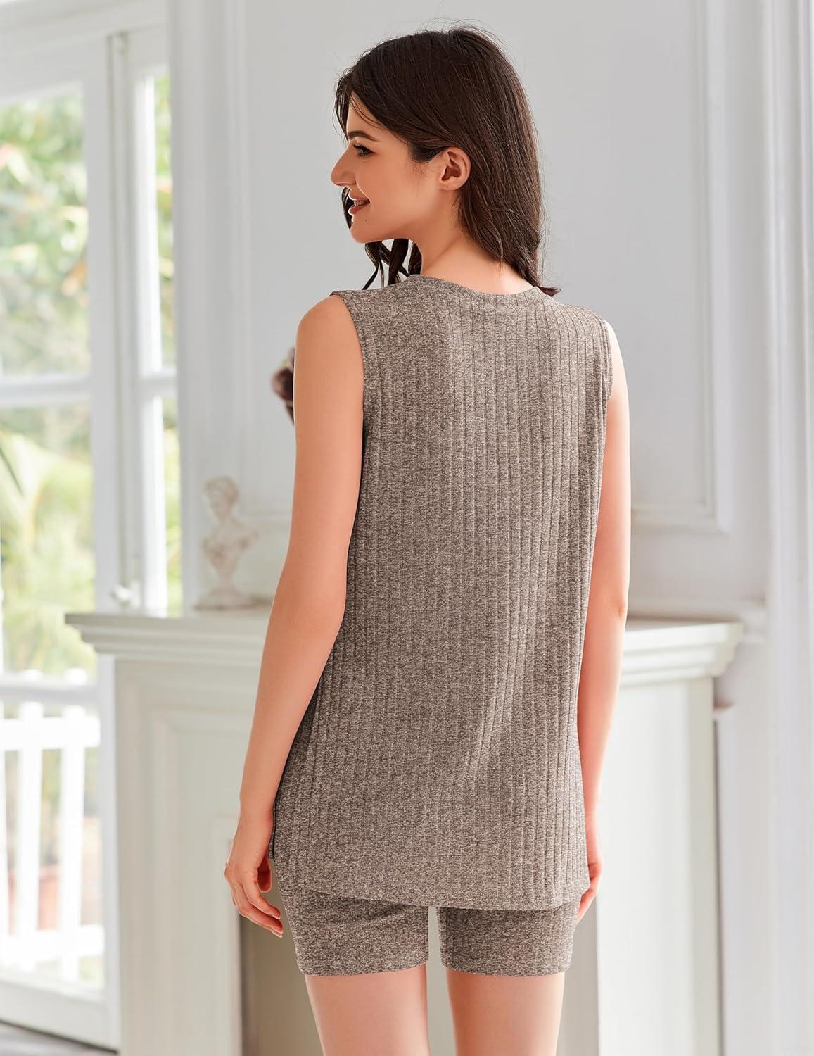 imageEkouaer Womens 2 Piece Lounge Set Ribbed Knit Pajamas Sleeveless Sleepwear Biker Shorts Loungewear Outfit SXXLBrown