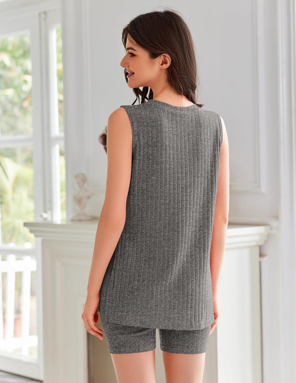 imageEkouaer Womens 2 Piece Lounge Set Ribbed Knit Pajamas Sleeveless Sleepwear Biker Shorts Loungewear Outfit SXXLDeep Grey