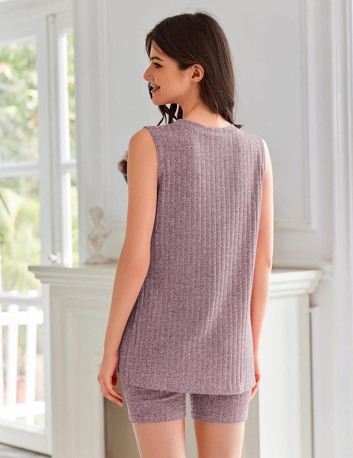 imageEkouaer Womens 2 Piece Lounge Set Ribbed Knit Pajamas Sleeveless Sleepwear Biker Shorts Loungewear Outfit SXXLPurple Red