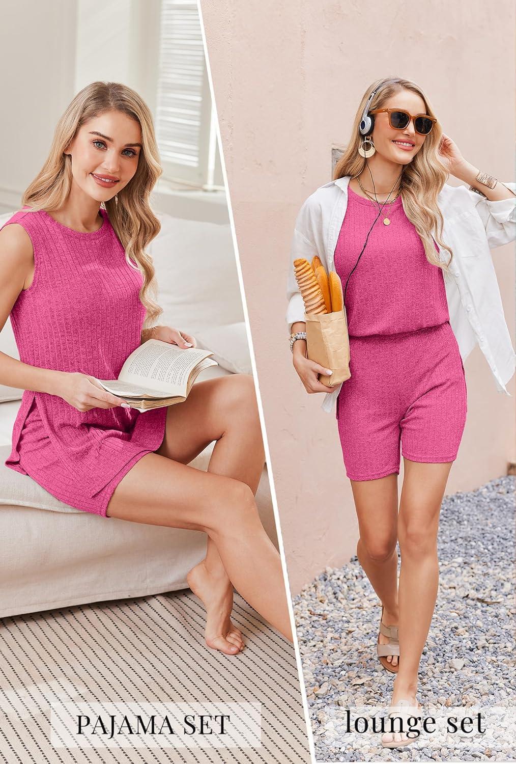 imageEkouaer Womens 2 Piece Lounge Set Ribbed Knit Pajamas Sleeveless Sleepwear Biker Shorts Loungewear Outfit SXXLRose Red