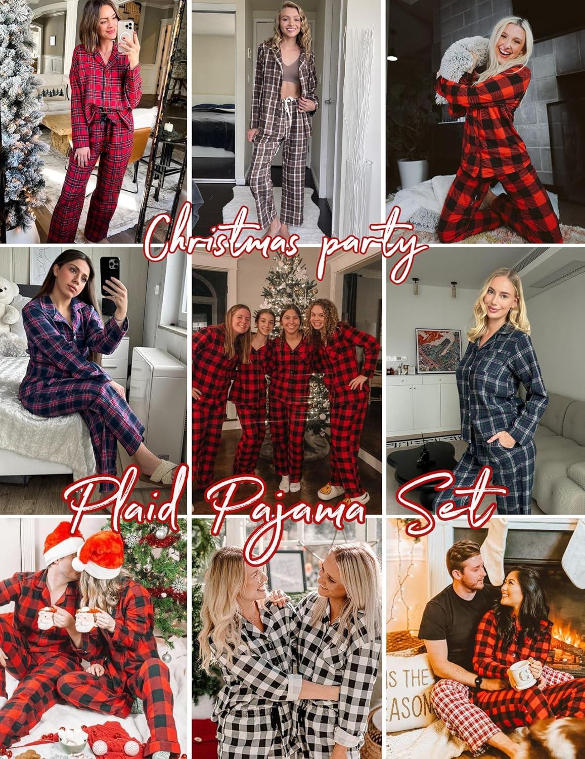 imageEkouaer Womens Pajama Sets 2 Piece Cotton Plaid Pjs Long Sleeve Sleepwear Button Down Lounge Set with PocketsBlack White Plaid