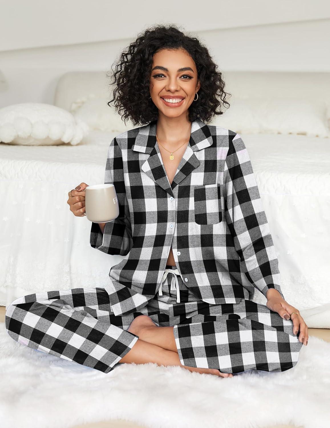 imageEkouaer Womens Pajama Sets 2 Piece Cotton Plaid Pjs Long Sleeve Sleepwear Button Down Lounge Set with PocketsBlack White Plaid
