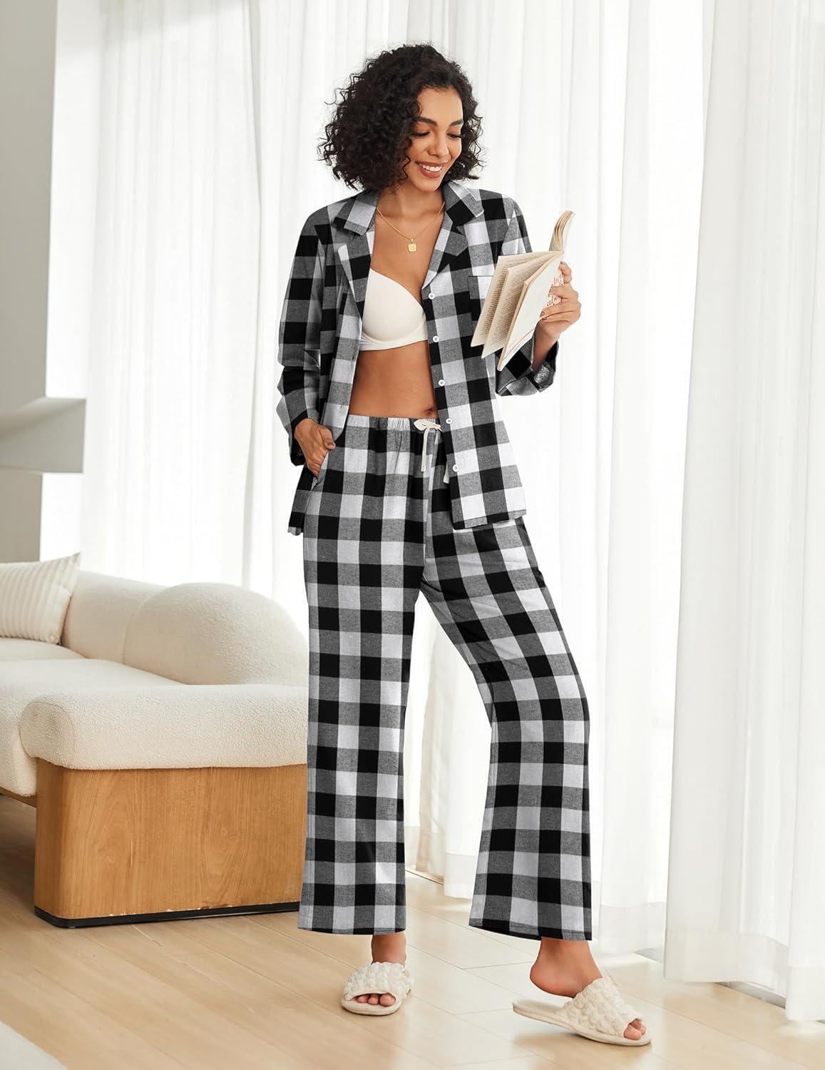 imageEkouaer Womens Pajama Sets 2 Piece Cotton Plaid Pjs Long Sleeve Sleepwear Button Down Lounge Set with PocketsBlack White Plaid