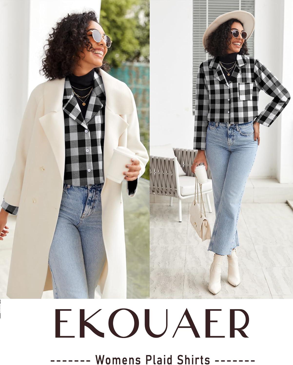 imageEkouaer Womens Pajama Sets 2 Piece Cotton Plaid Pjs Long Sleeve Sleepwear Button Down Lounge Set with PocketsBlack White Plaid