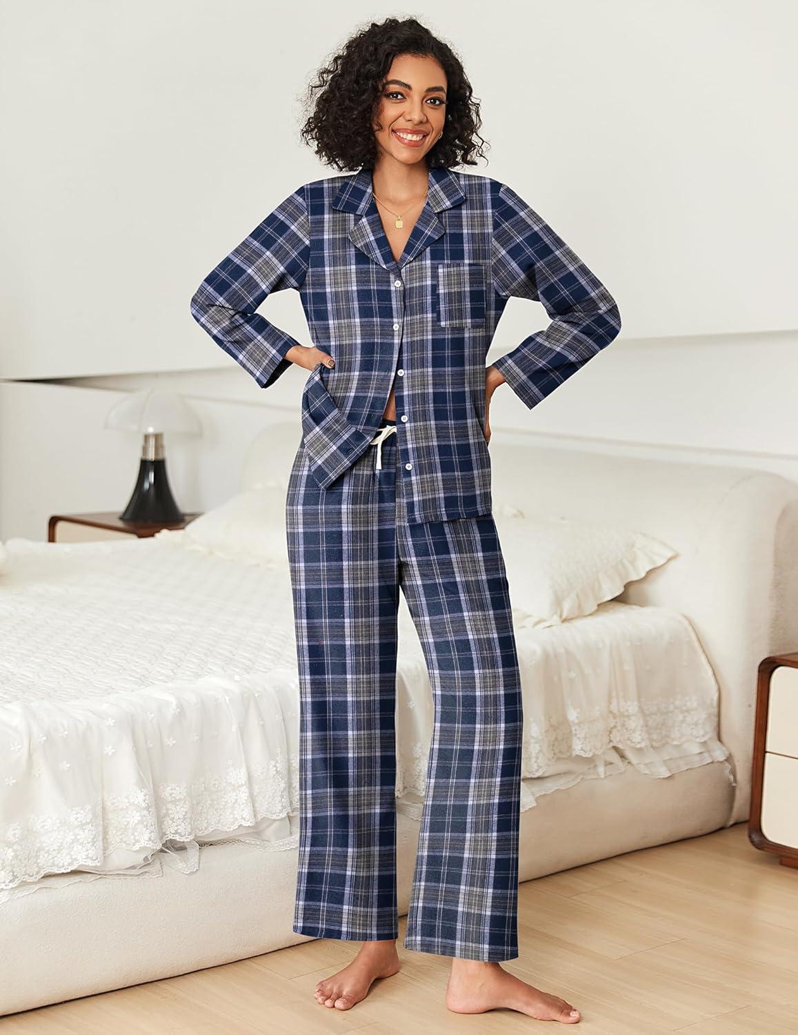 imageEkouaer Womens Pajama Sets 2 Piece Cotton Plaid Pjs Long Sleeve Sleepwear Button Down Lounge Set with PocketsBlue White Plaid