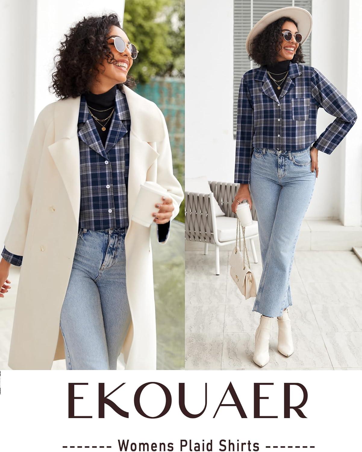 imageEkouaer Womens Pajama Sets 2 Piece Cotton Plaid Pjs Long Sleeve Sleepwear Button Down Lounge Set with PocketsBlue White Plaid