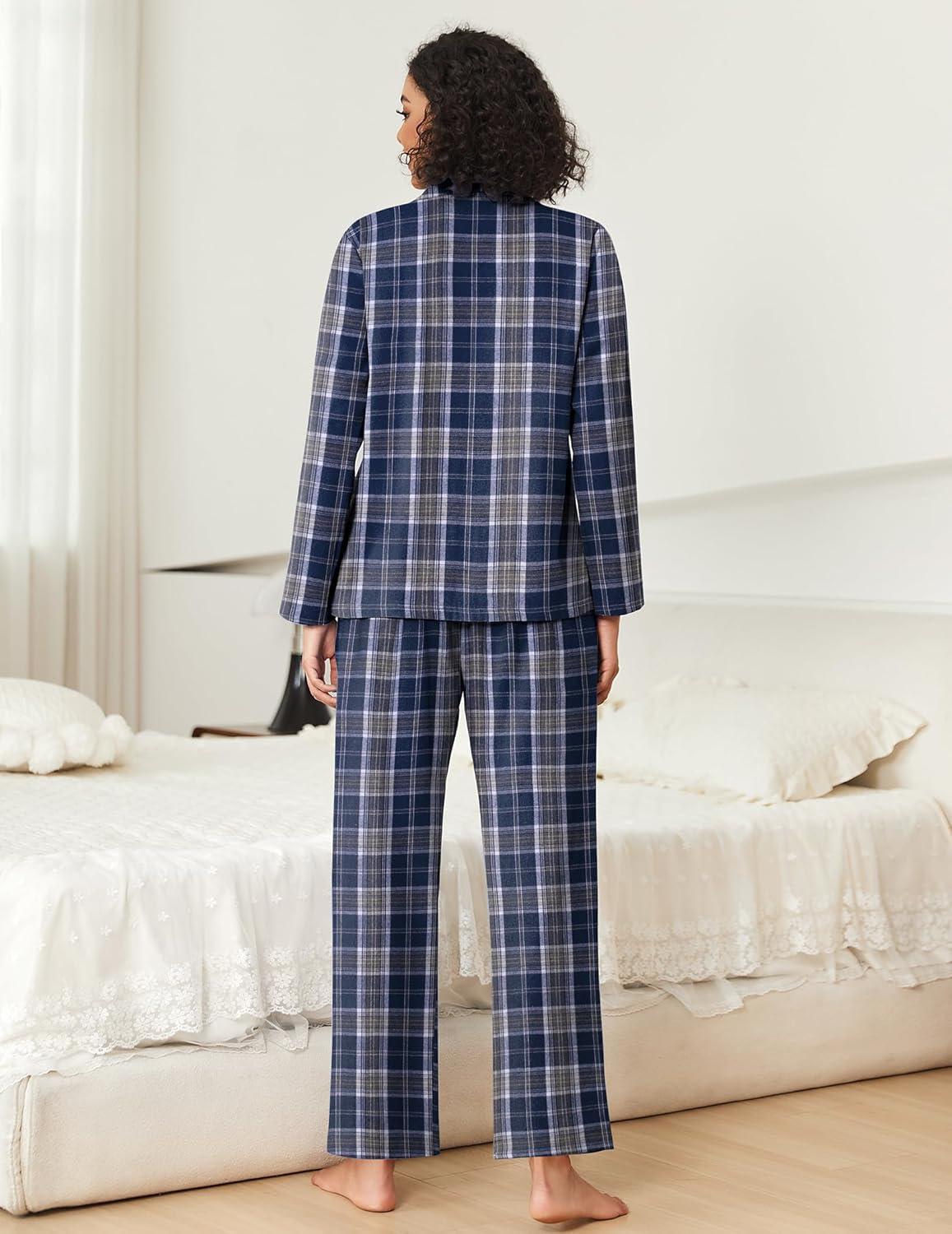 imageEkouaer Womens Pajama Sets 2 Piece Cotton Plaid Pjs Long Sleeve Sleepwear Button Down Lounge Set with PocketsBlue White Plaid