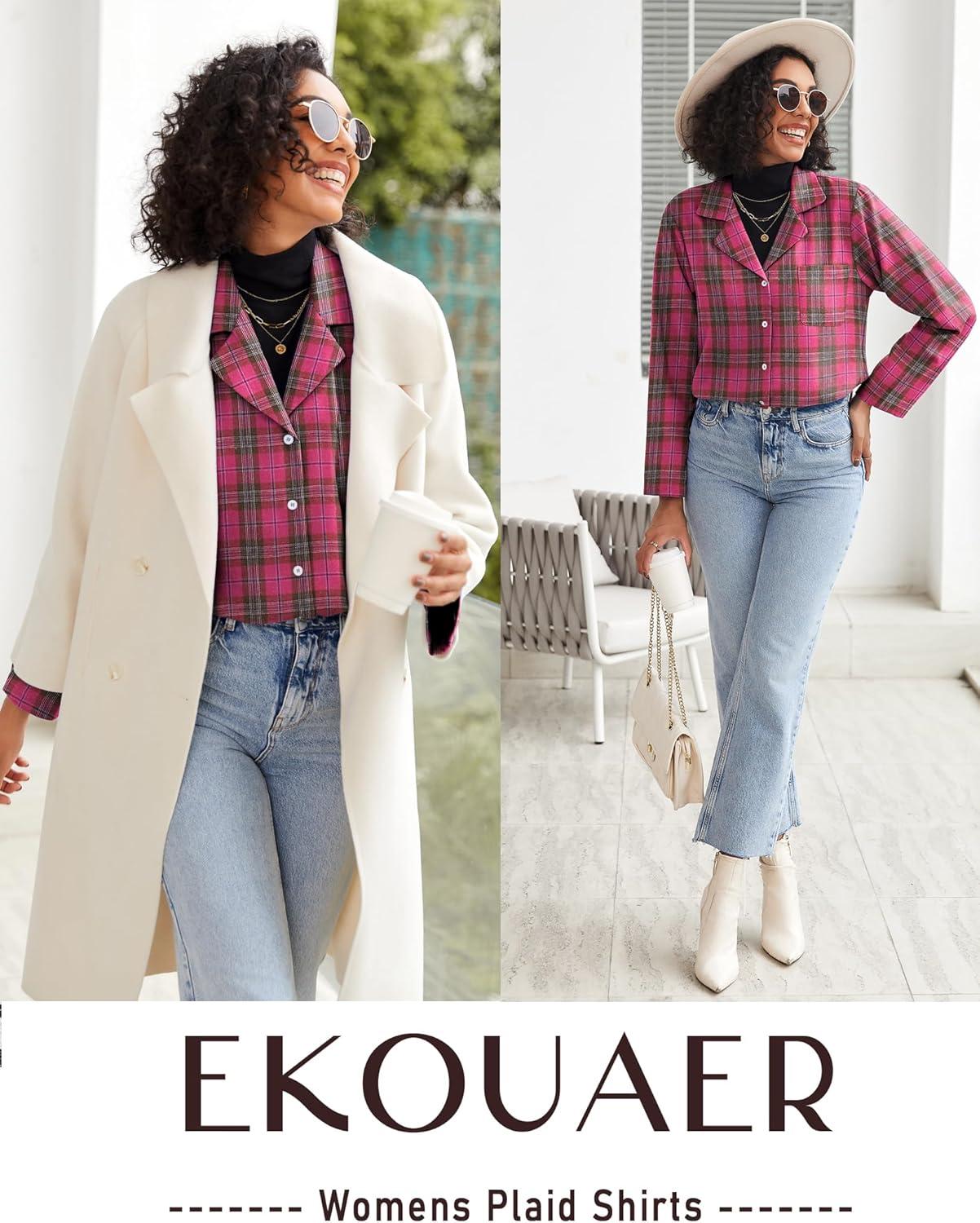 imageEkouaer Womens Pajama Sets 2 Piece Cotton Plaid Pjs Long Sleeve Sleepwear Button Down Lounge Set with PocketsHot Pink Brown Plaid