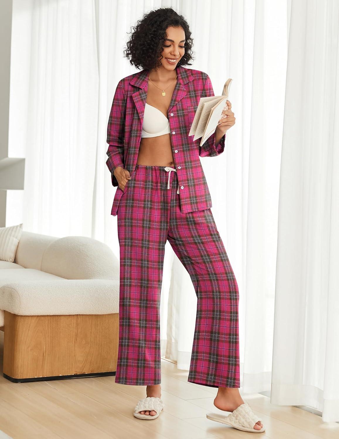 imageEkouaer Womens Pajama Sets 2 Piece Cotton Plaid Pjs Long Sleeve Sleepwear Button Down Lounge Set with PocketsHot Pink Brown Plaid