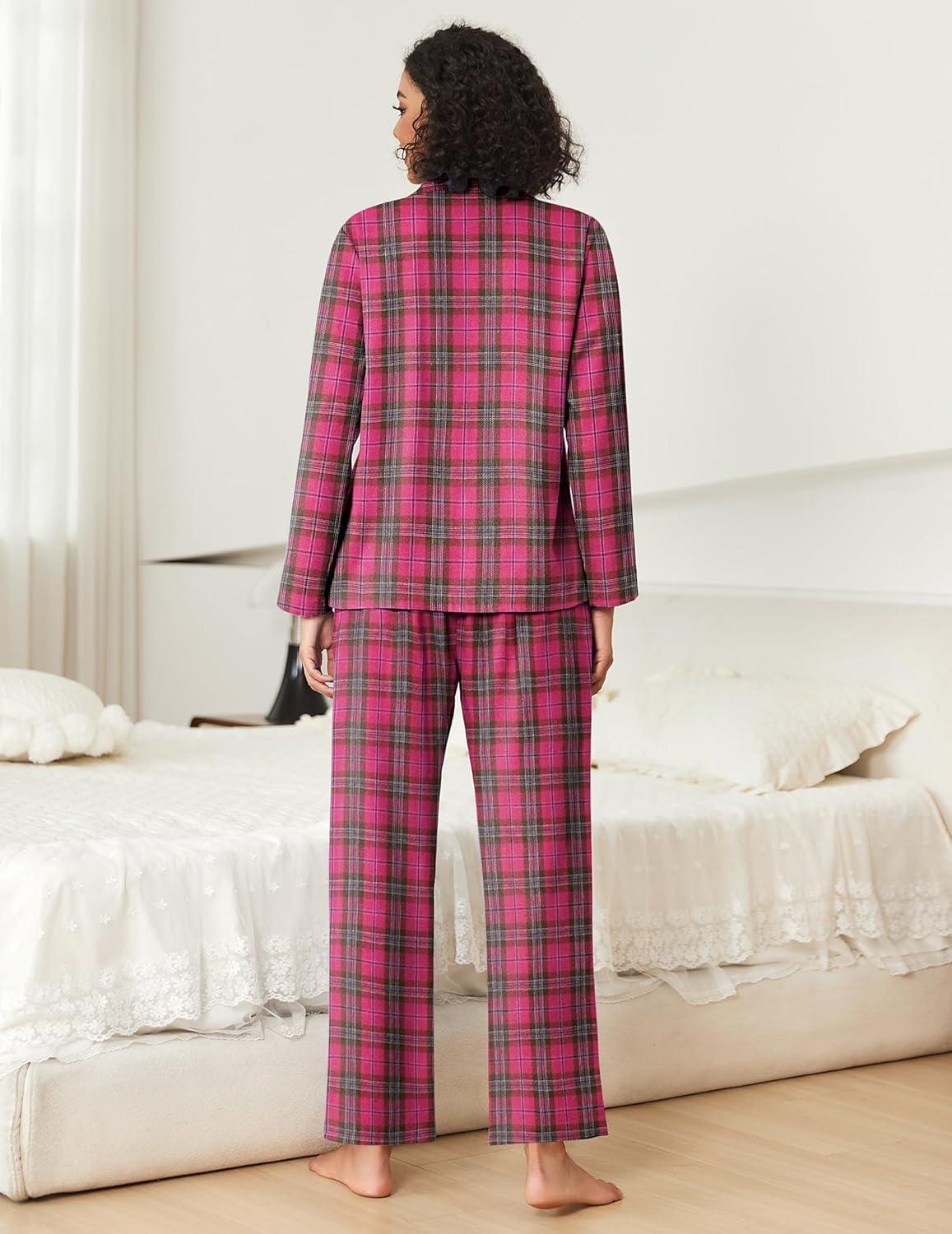 imageEkouaer Womens Pajama Sets 2 Piece Cotton Plaid Pjs Long Sleeve Sleepwear Button Down Lounge Set with PocketsHot Pink Brown Plaid