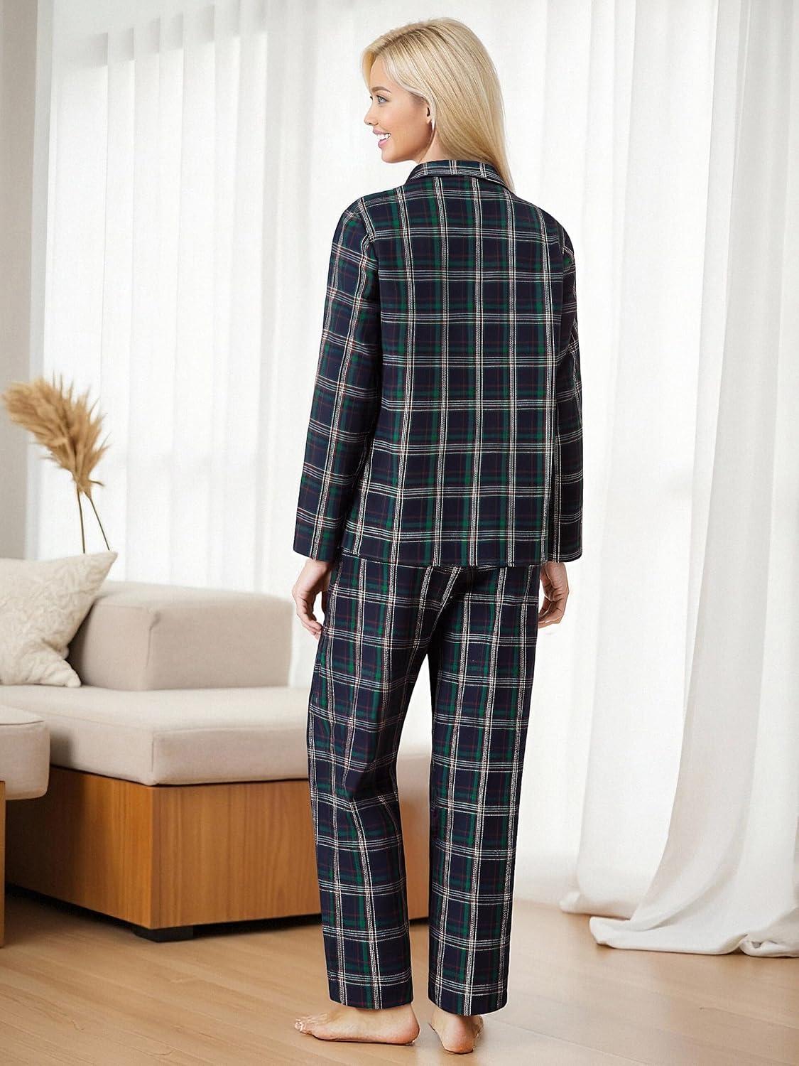 imageEkouaer Womens Pajama Sets 2 Piece Cotton Plaid Pjs Long Sleeve Sleepwear Button Down Lounge Set with PocketsNavy BlueGreen Plaid