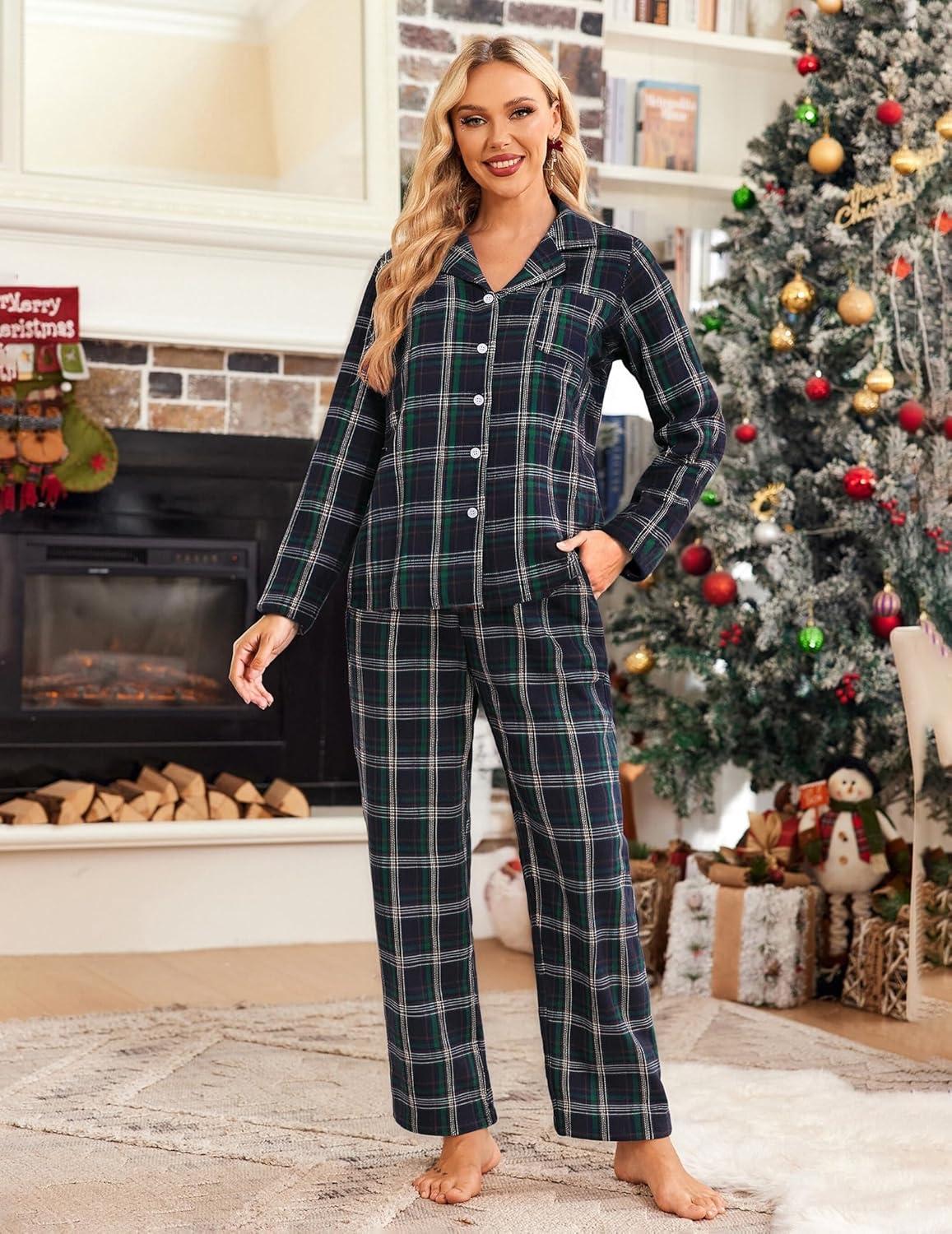 imageEkouaer Womens Pajama Sets 2 Piece Cotton Plaid Pjs Long Sleeve Sleepwear Button Down Lounge Set with PocketsNavy BlueGreen Plaid