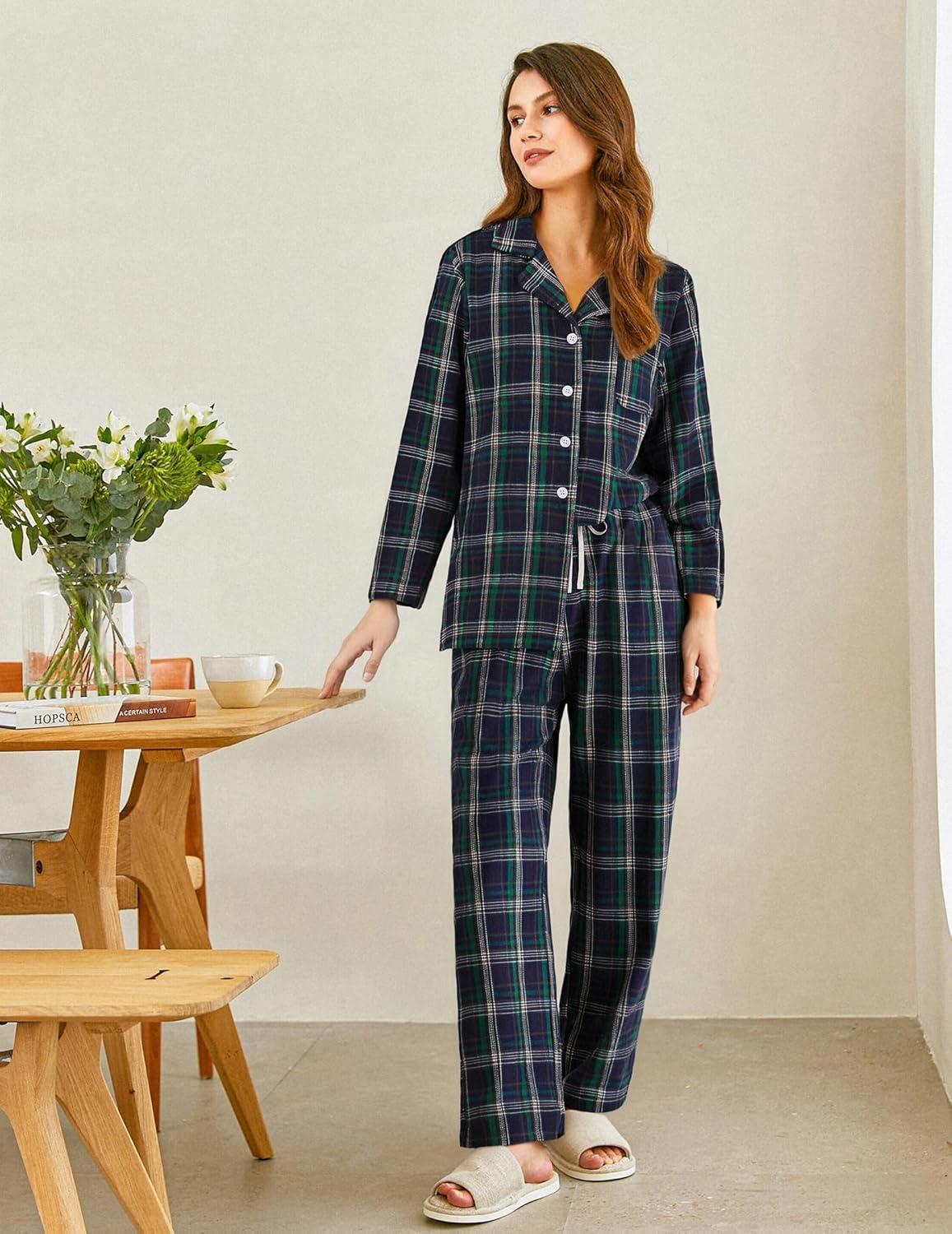 imageEkouaer Womens Pajama Sets 2 Piece Cotton Plaid Pjs Long Sleeve Sleepwear Button Down Lounge Set with PocketsNavy BlueGreen Plaid